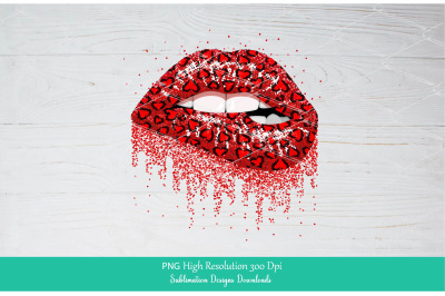 Heart Glitter Dripping red Lips PNG Sublimation Design