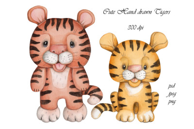 Cute Watercolor Hand drawn Tigers. Illustration for kids.