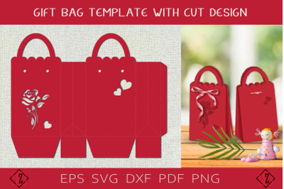 Gift bag template with rose and hearts. Cutting file