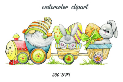 Watercolor clipart, Easter Gnomes, train clip art bunny, train clip ar