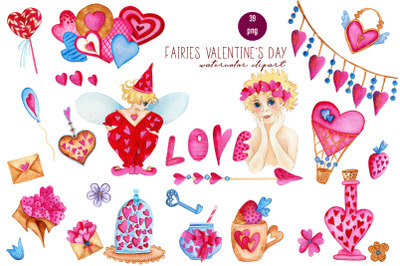 Fairies valentines day watercolor clipart