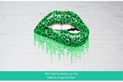 St. Patrick Green leopard Hearts Glitter Dripping Lips PNG Sublimation