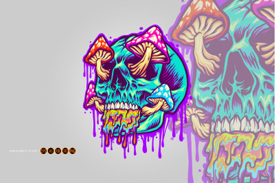 Magic Mushroom with scary blue skull head psychedelic