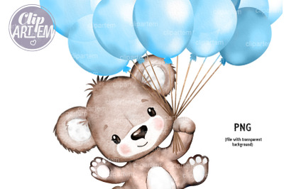 Cute Blue Boy Bear with Bundle of Balloons watercolor PNG clip art