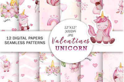 Unicorn Valentines Watercolor digital paper pack