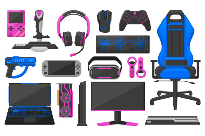 Gaming accessories, video game console, headphones, video card and joy