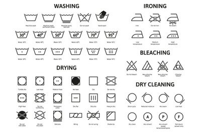 Clothes care laundry washing, bleaching and drying icons. Laundry, was