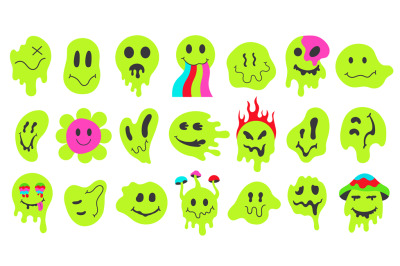 Neon melting smiling faces, retro doodle dripping smile emoji. Psyched