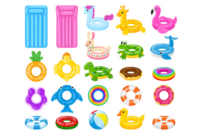 Cartoon swimming circles, pool or beach water rubber ball and mattress