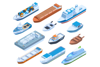 Isometric commercial sea ships, yacht, barge, cruise and sailing boats