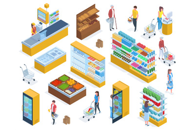 Isometric people do grocery shopping, supermarket purchases. Customers