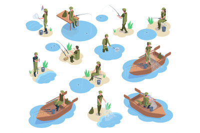 Isometric fishermen characters, 3d river or pond fishing. Characters u