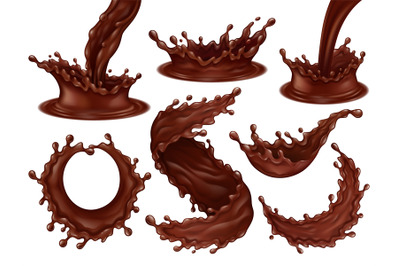 Realistic chocolate frosting splashes, streams and hot dark chocolate