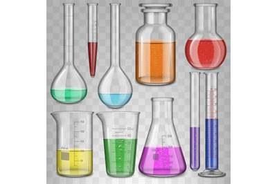 Realistic chemical lab glass beaker, filled test tubes, flask, glasswa