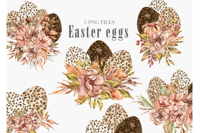 Watercolor Easter leopard floral eggs clipart - 6 png files