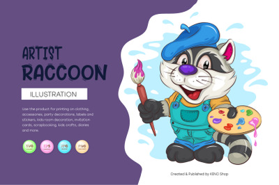 Cartoon Raccoon Artist. T-Shirt, PNG, SVG.