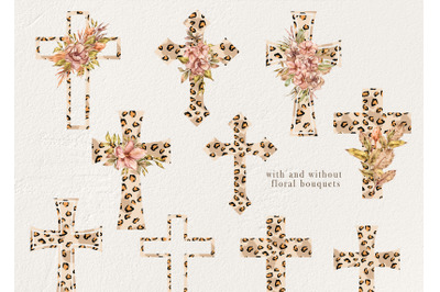 Watercolor leopard crosses clipart - 10 png files