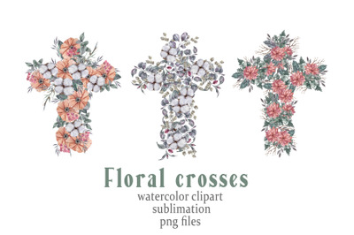 Watercolor Easter floral crosses clipart