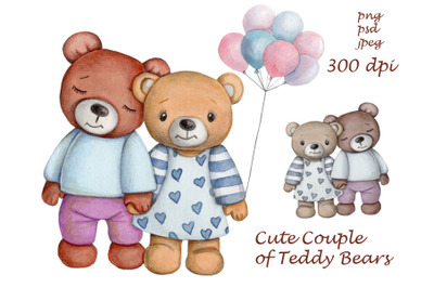 Cute Teddy Bear Couple. Watercolor illustrations.