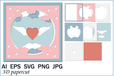 3D postcard heart with wings, SVG papercut