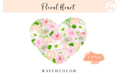 Floral Heart Watercolor PNG Clipart. Flower Love Sublimation PNG Desig