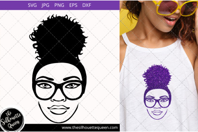 Afro Woman svg with glasses and a Puff, Bun, Ponytail Svg