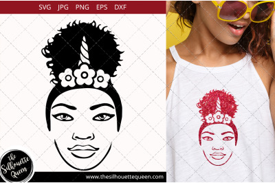 Afro Woman svg with Unicorn headband and a Puff, Bun, Ponytail Svg