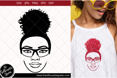 Afro Woman svg with glasses and a Puff, Bun, Ponytail Svg