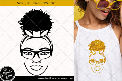 Afro Woman svg with glasses and a Puff, Bun, Ponytail Svg