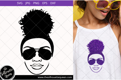 Afro Woman svg with sunglasses and a Puff, Bun, Ponytail Svg