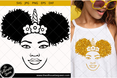 Afro Woman svg with unicorn headband and side Puffs Svg