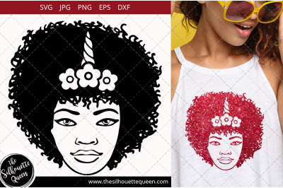 Afro Woman svg with Curly Bob natural hair and unicorn headband