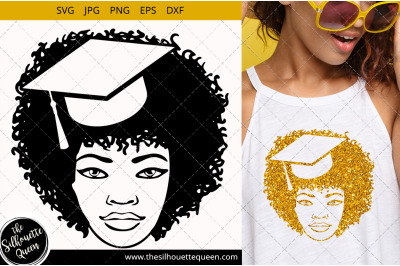 Educated Afro Woman svg with Curly Bob natural hair and Graduation Hat