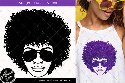 Afro Woman svg with Curly Bob natural hair and sunglasses