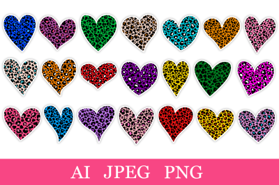 Leopard Hearts Stickers Printable bundle. Hearts Sticker PNG