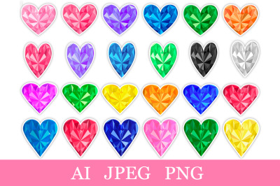 Hearts gemstone Sticker Printable bundle PNG. Heart diamonds