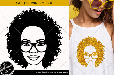 Afro Woman svg with Curly Bob natural hair and glasses