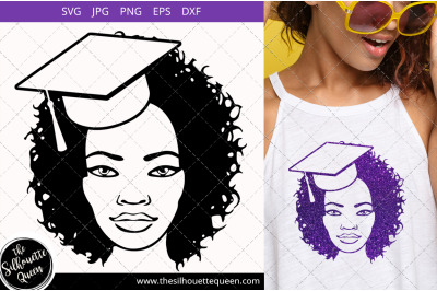 Educated Afro Woman svg with Curly Bob natural hair and Graduation Hat