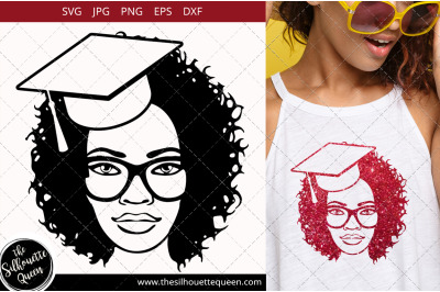 Educated Afro Woman svg with Curly Bob natural hair and Graduation Hat