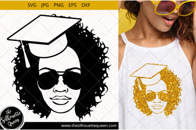 Educated Afro Woman svg with Curly Bob natural hair and Graduation Hat