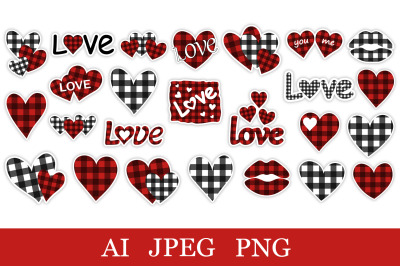 Valentine Buffalo plaid Stickers. Hearts Buffalo Sticker PNG