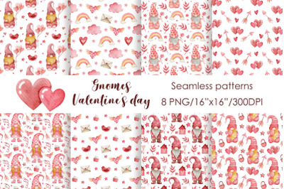 Watercolor gnomes valentine&#039;s day seamless patterns.