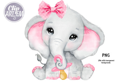 Sweet Pink Girl Elephant with dummy pacifier, bow watercolor clip art