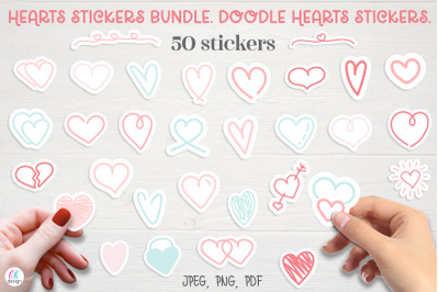 Hearts stickers bundle. 50 stickers. Doodle hearts stickers.