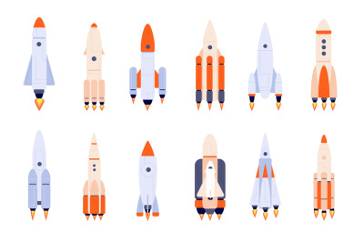 Flat rocket. Space rockets, spaceship start up or idea launch. Isolate