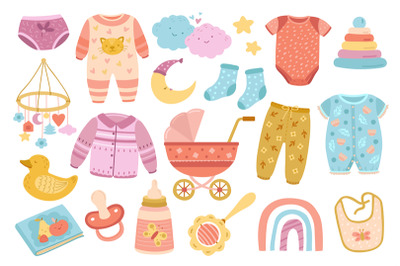 Cute nursery elements. Scandinavian baby shower, doodle toddler fashio