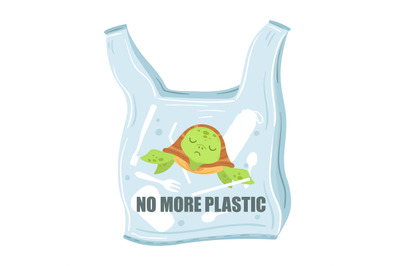 Stop plastic pollution. Plastic bags with turtle inside. Saving world