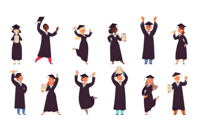 Graduate characters. Cartoon graduation boy, academic kids with diplom