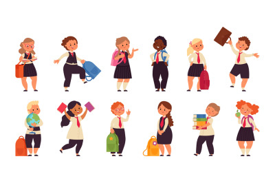 Back to school characters. Cartoon smart kids, boys girls with backpac