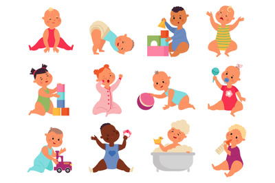 Newborn baby characters. Cute toddler, babies isolated with toys. Cart